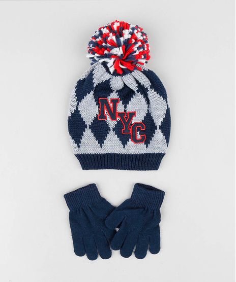 Kit-de-Gorro-Infantil-Estampado-com-Pompom---Luva-em-Trico-Azul-Marinho-9369100-Azul_Marinho_1