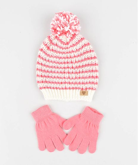 Kit-de-Gorro-Infantil-Listrado-com-Pompom---Luvas-em-Trico-Bege-Claro-9361522-Bege_Claro_1