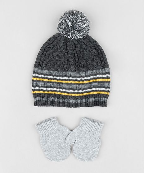 Kit-de-Gorro-Infantil-com-Pompom---Luva-em-trico-Cinza-Mescla-Escuro-9361226-Cinza_Mescla_Escuro_1