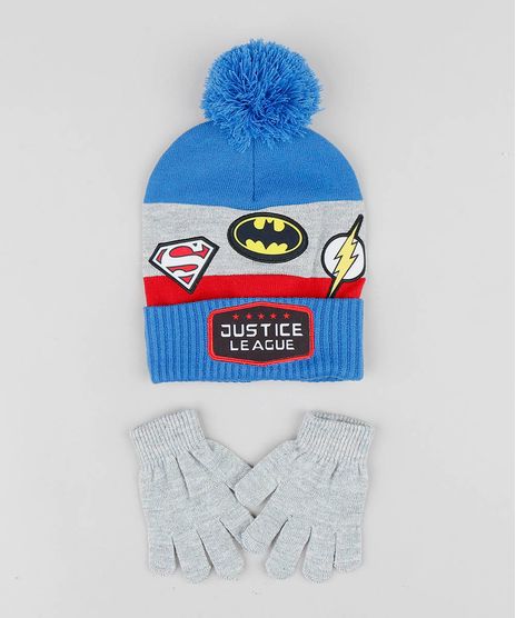 Kit-de-Gorro-Infantil-Liga-da-Justica-com-Pompom---Luvas-em-Trico-Azul-9361019-Azul_1