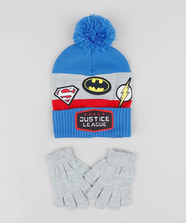 Kit de Gorro Infantil Liga da Justiça com Pompom + Luvas em Tricô Azul Único