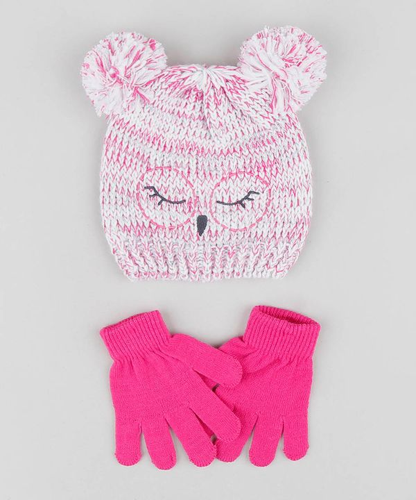 Kit de Gorro Infantil com Pompom + Luva em Tricô Rosa Único