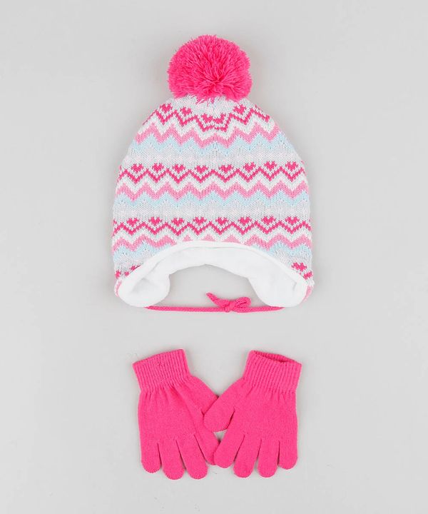 Kit de Gorro Infantil Estampado Zigue Zague com Pompom + Luva em Tricô Rosa Único