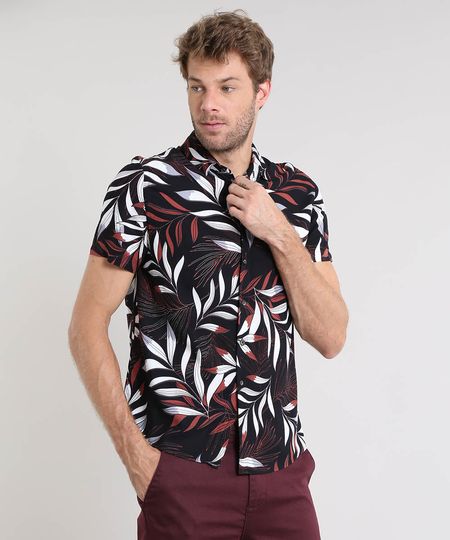Camisa-Masculina-Estampada-de-Folhagem-Manga-Curta-Preta-9448223-Preto_1