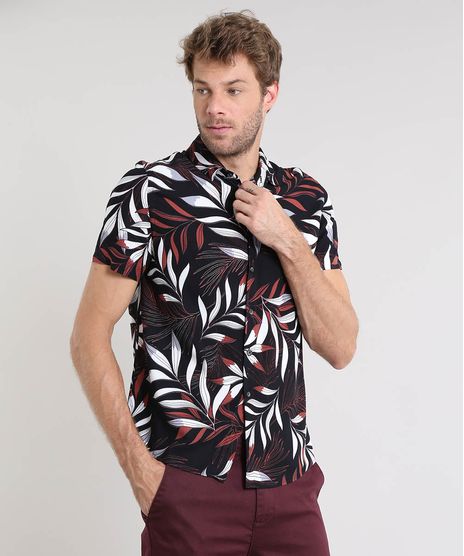 Camisa-Masculina-Estampada-de-Folhagem-Manga-Curta-Preta-9448223-Preto_1