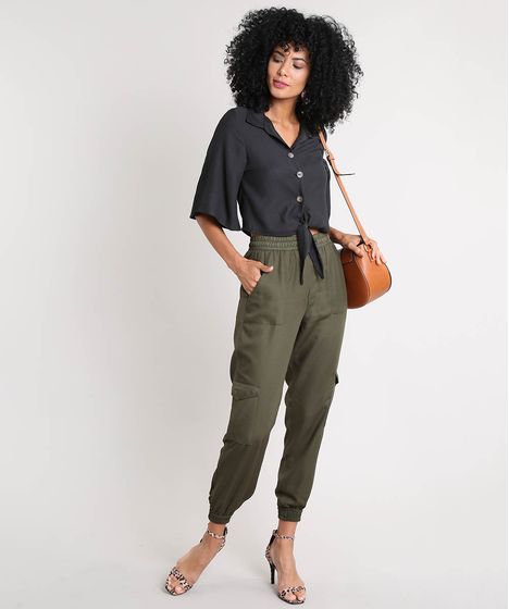 calça feminina jogger cargo verde militar