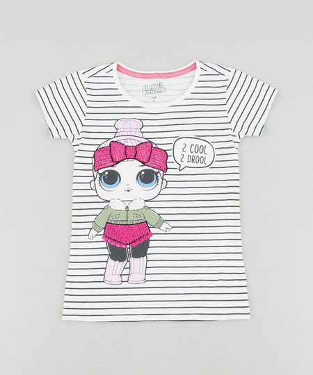Blusa Infantil LOL Surprise Listrada Manga Curta Decote Redondo Off White Menor preço em Blusa Infantil LOL Surprise Listrada Manga Curta Decote Redondo Off White
