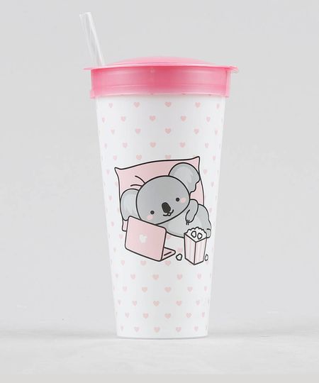 Copo com Canudo e Pote Estampado Coala Branco - Único Menor preço em Copo com Canudo e Pote Estampado Coala Branco - Único