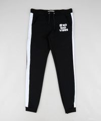 Calca-Infantil--No-Bad-Vibes--em-Moletom-com-Faixa-Lateral-Preta-9457381-Preto_1