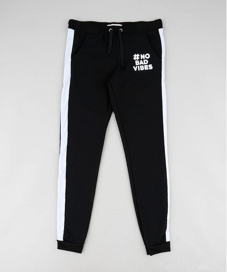Calca-Infantil--No-Bad-Vibes--em-Moletom-com-Faixa-Lateral-Preta-9457381-Preto_1