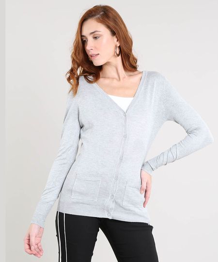 Cardigan Feminino em Tricô com Bolsos Cinza Mescla Claro Menor preço em Cardigan Feminino em Tricô com Bolsos Cinza Mescla Claro