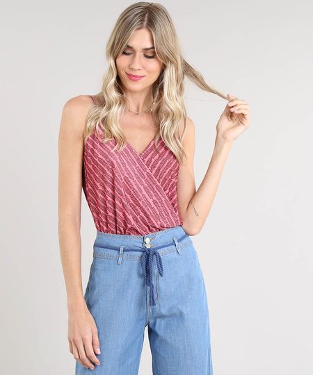 Body Feminino Transpassado Blusê Estampado de Folhagem Alça Fina Coral Menor preço em Body Feminino Transpassado Blusê Estampado de Folhagem Alça Fina Coral