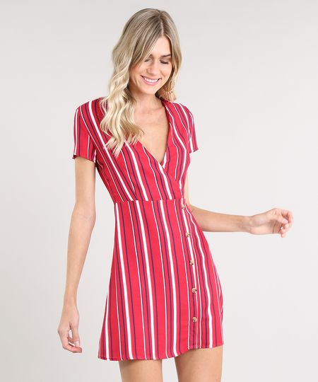 Vestido Feminino Curto Transpassado Listrado com Botões Manga Curta Vermelho - PP Menor preço em Vestido Feminino Curto Transpassado Listrado com Botões Manga Curta Vermelho - PP