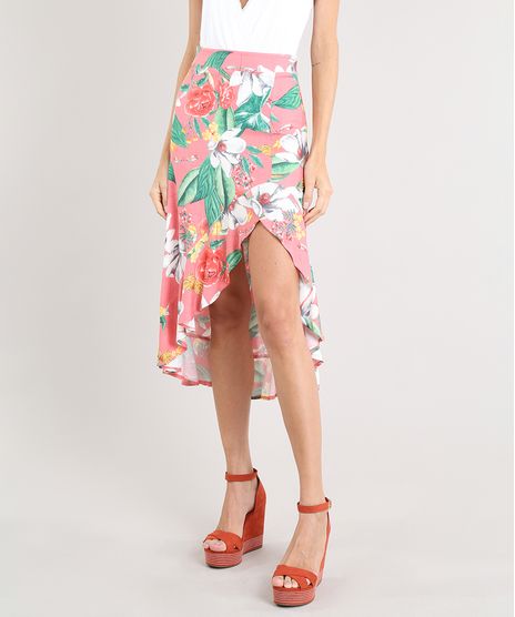 Saia-Feminina-Midi-Mullet-Estampada-Floral-com-Babado-Coral-9503995-Coral_1