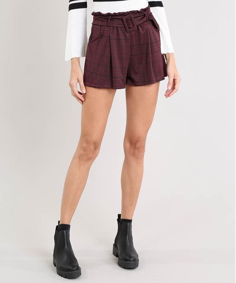 Short-Feminino-Clochard-Estampado-Xadrez-com-Cinto-Vinho-9482510-Vinho_1