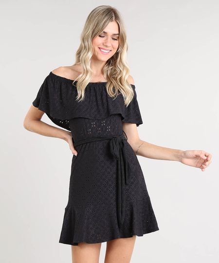 Vestido Feminino Ciganinha Curto em Laise com Faixa para Amarrar Preto Menor preço em Vestido Feminino Ciganinha Curto em Laise com Faixa para Amarrar Preto