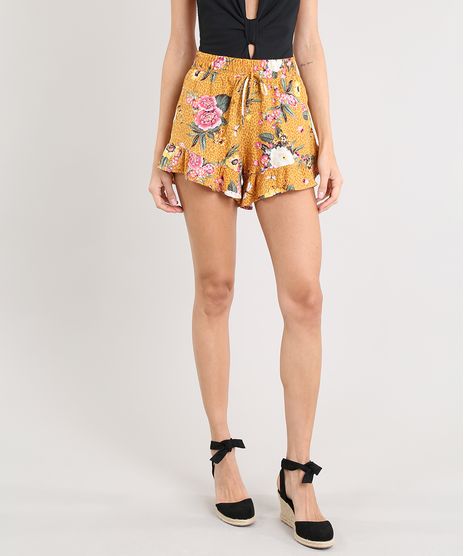 Short-Feminino-Estampado-Floral-com-Babado-e-Cordao-Mostarda-9502002-Mostarda_1