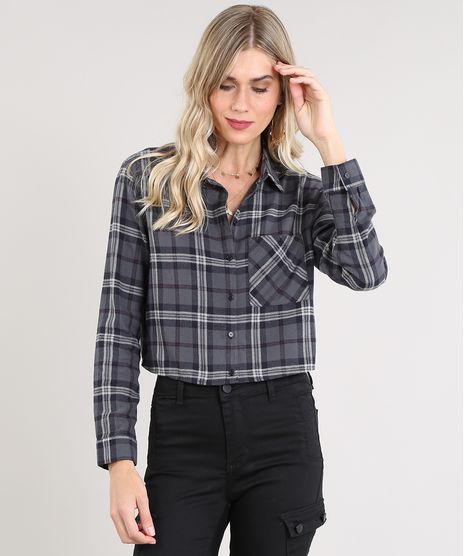 Camisa-Feminina-Cropped-em-Flanela-Estampada-Xadrez-Manga-Longa-Chumbo-9440464-Chumbo_1