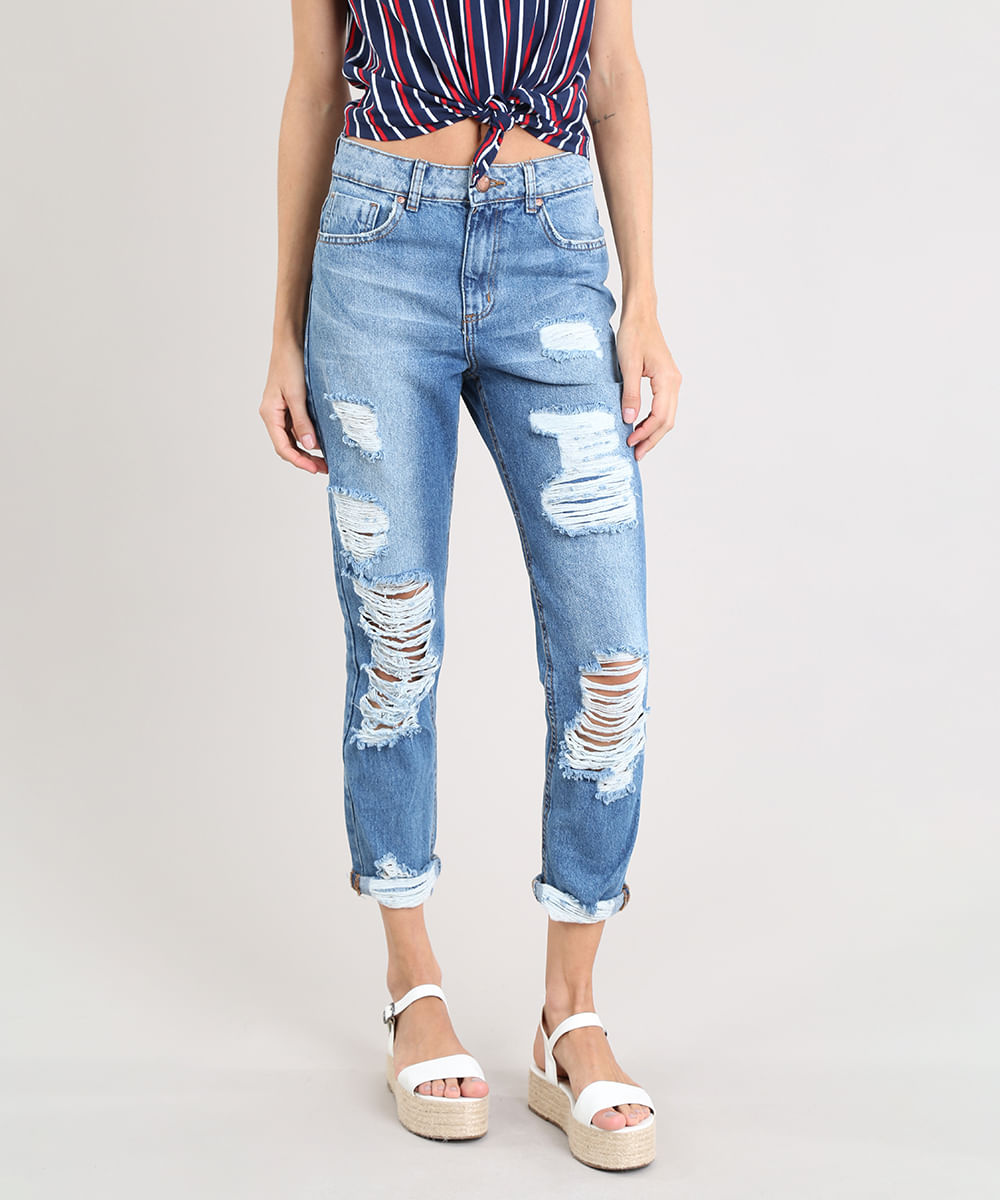 calça jeans feminina mom pants azul médio