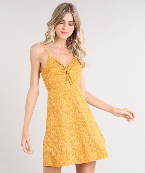 Vestido-Feminino-Curto-Evase-Estampado-de-Poa-com-No-Alca-Fina-Mostarda-9503974-Mostarda_1