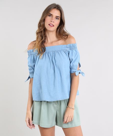 blusa jeans feminina ombro a ombro