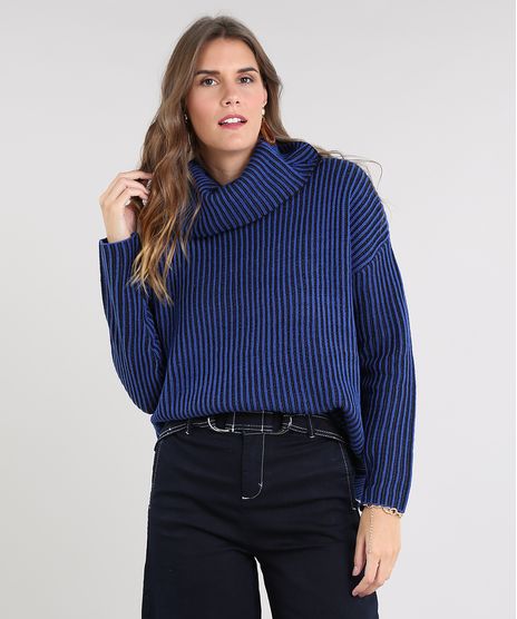 Sueter-Feminino-Oversized-Listrado-em-Trico-Gola-Role-Azul-Royal-9430166-Azul_Royal_1