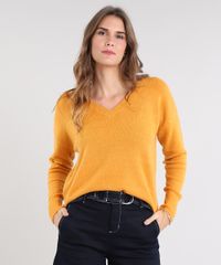 Sueter-Feminino-Amplo-em-Trico-Decote-V-Mostarda-9360888-Mostarda_1