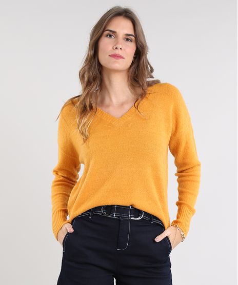 Sueter-Feminino-Amplo-em-Trico-Decote-V-Mostarda-9360888-Mostarda_1