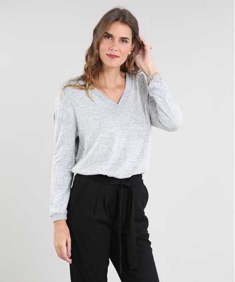 Sueter-Feminino-Amplo-em-Trico-Decote-V-Cinza-Mescla-Claro-9343586-Cinza_Mescla_Claro_1