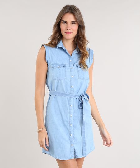 Vestido-Jeans-Feminino-Curto-com-Bolsos-e-Faixa-para-Amarrar-Sem-Manga-Azul-Claro-9532121-Azul_Claro_1 Vestido-Jeans-Feminino-Curto-com-Bolsos-e-Faixa-para-Amarrar-Sem-Manga-Azul-Claro-9532121-Azul_Claro_1
