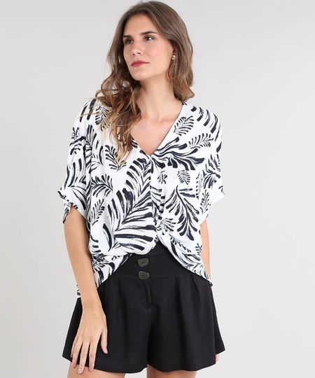 Blusa Feminina Ampla Estampada de Folhagem com Nó Manga Curta Decote V Off White Menor preço em Blusa Feminina Ampla Estampada de Folhagem com Nó Manga Curta Decote V Off White