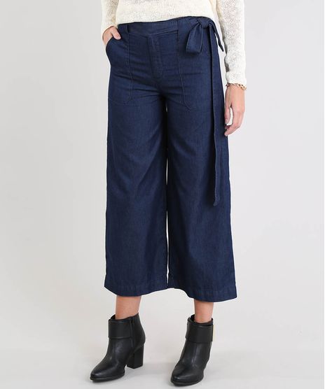 Calca-Jeans-Pantacourt-Feminina-com-Bolsos-e-Faixa-para-Amarrar-Azul-Escuro-9539075-Azul_Escuro_1