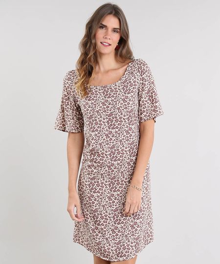 Vestido Feminino Curto Estampado Animal Print Manga Curta Bege Claro - PP Menor preço em Vestido Feminino Curto Estampado Animal Print Manga Curta Bege Claro - PP