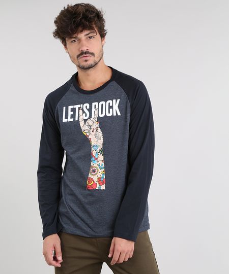 Camiseta Masculina "Let's Rock" Raglan Manga Longa Gola Careca Cinza Mescla Escuro Menor preço em Camiseta Masculina "Let's Rock" Raglan Manga Longa Gola Careca Cinza Mescla Escuro