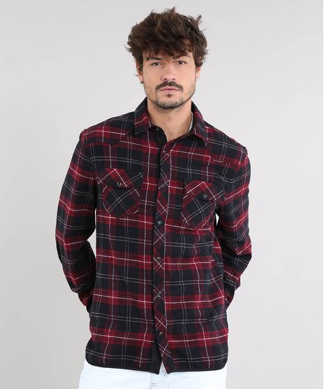 Camisa-Masculina-Estampada-Xadrez-com-Suede-Manga-Longa-Vermelho-Escuro-9381718-Vermelho_Escuro_1
