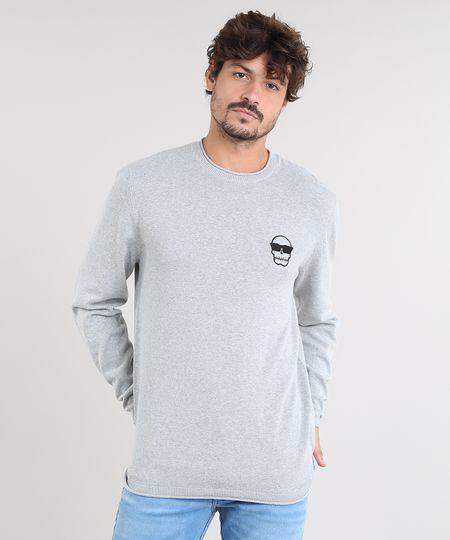 Sueter-Masculino-com-Bordado-de-Caveira-Cinza-Mescla-9328446-Cinza_Mescla_1