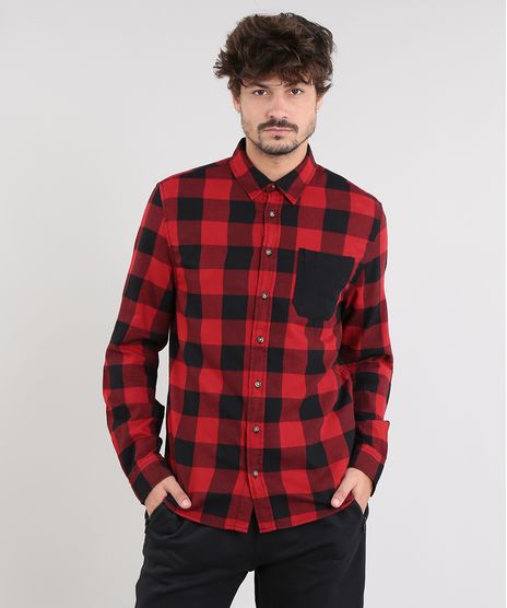 Camisa-Masculina-Estampada-Xadrez-com-Bolso-Manga-Longa-Vermelha-9367456-Vermelho_1