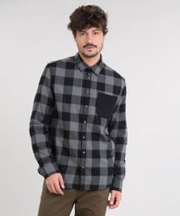 Camisa-Masculina-Estampada-Xadrez-com-Bolso-Manga-Longa-Chumbo-9367456-Chumbo_1