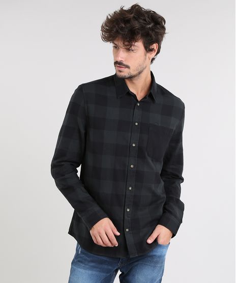 Camisa-Masculina-Estampada-Xadrez-com-Bolso-Manga-Longa-Verde-Escuro-9367456-Verde_Escuro_1