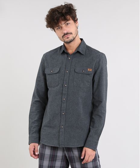 Camisa-Masculina-com-Bolsos-Manga-Longa-Cinza-Mescla-Escuro-9383367-Cinza_Mescla_Escuro_1