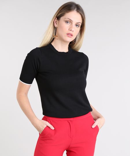 Blusa Feminina Bicolor em Tricô Manga Curta Decote Redondo Preta é boa?