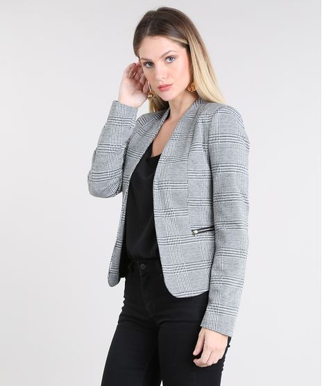 Blazer-Feminino-Estampado-Xadrez-com-Ziper-Cinza-Mescla-9383125-Cinza_Mescla_1
