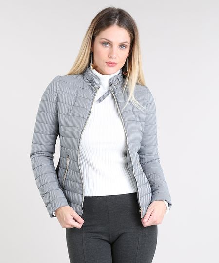 Menor preço em Jaqueta Feminina Puffer Estampada Pied de Poule com Fivela Preta