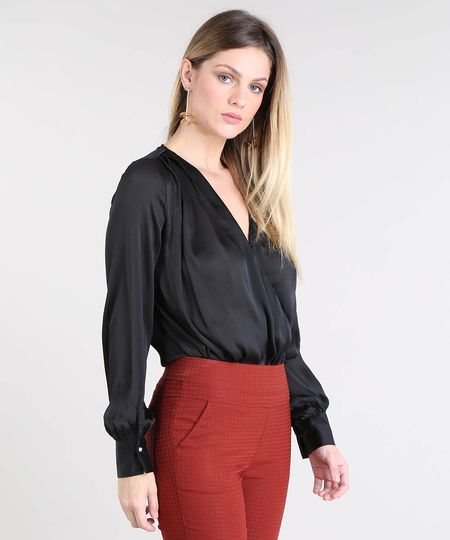 Body Feminino Blusê Manga Longa Decote V Preto Menor preço em Body Feminino Blusê Manga Longa Decote V Preto