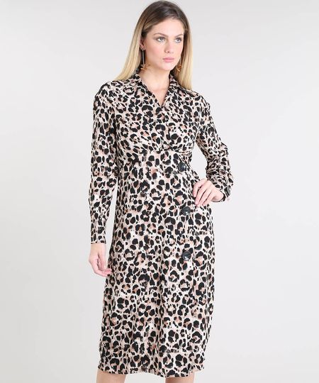 Vestido Feminino Midi Estampado Animal Print com Botões Manga Longa Bege Claro - PP Menor preço em Vestido Feminino Midi Estampado Animal Print com Botões Manga Longa Bege Claro - PP