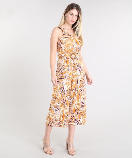 Macacao-Feminino-Pantacourt-Estampado-de-Folhagens-com-Cinto-Laranja-9505569-Laranja_1