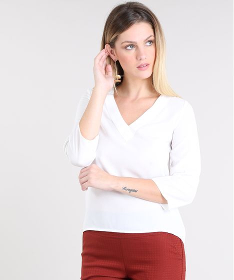 Blusa Feminina Manga 3 4 Decote V Branca Cea