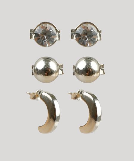 Kit de 3 Brincos Femininos com Strass Dourado - Único Menor preço em Kit de 3 Brincos Femininos com Strass Dourado - Único