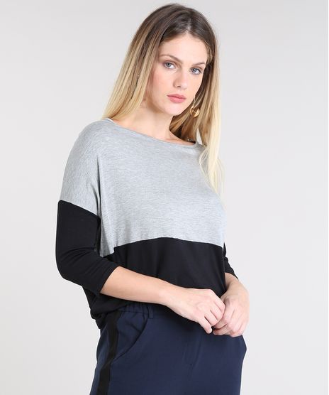 Blusa-Feminina-Ampla-com-Recorte-Manga-3-4-Cinza-Mescla-9453148-Cinza_Mescla_1