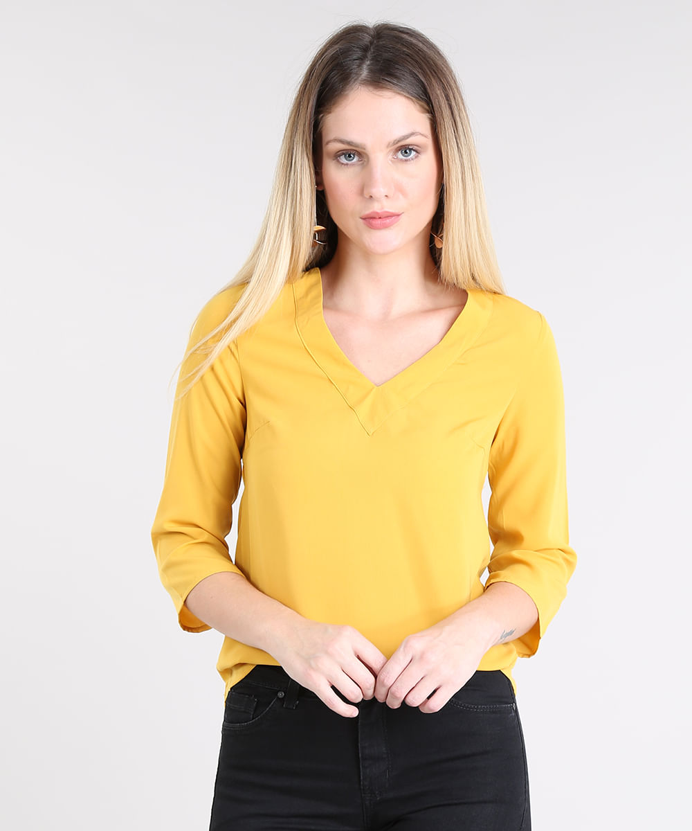 Blusa Feminina Manga 3 4 Decote V Mostarda Cea